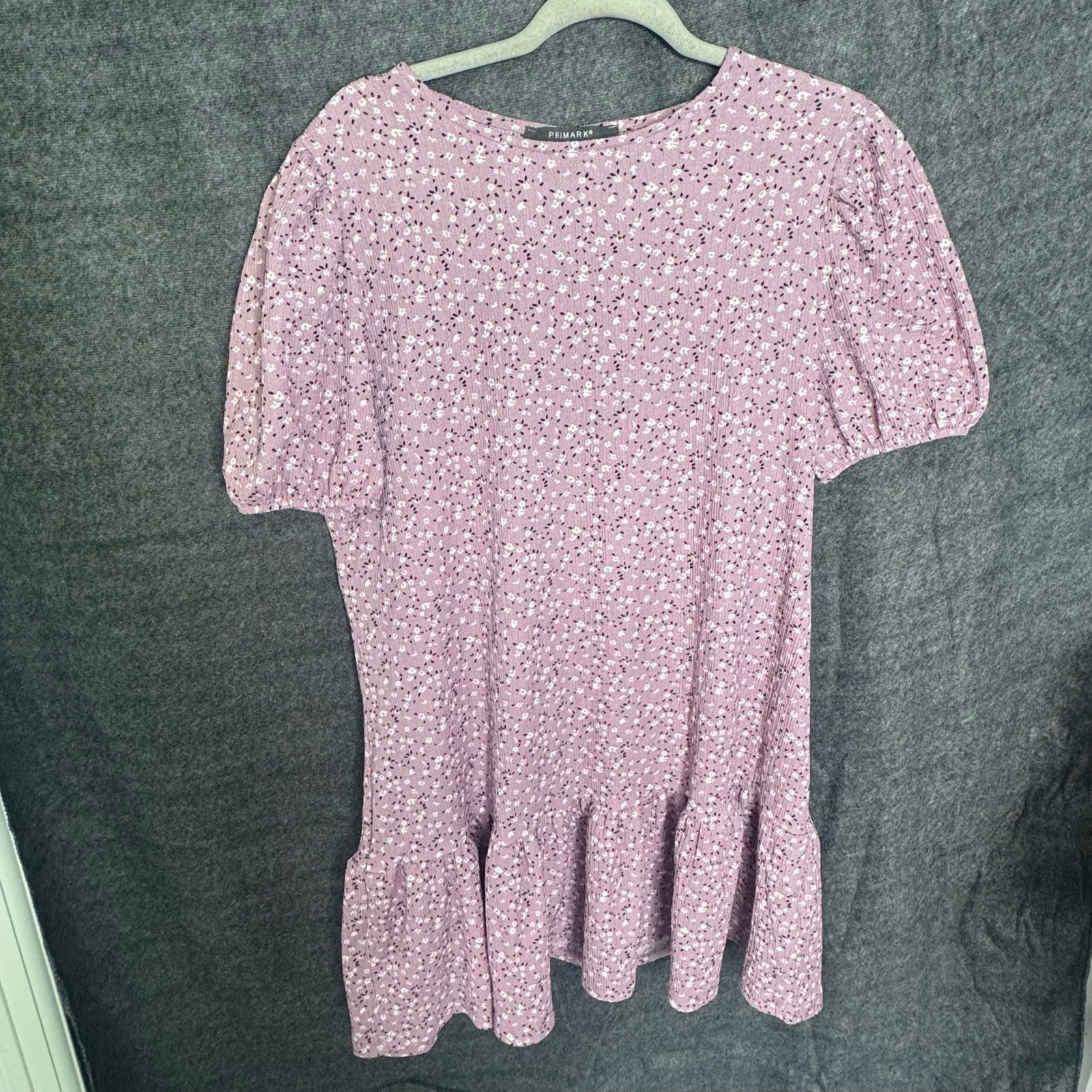 Primark Lilac Ditsy Floral Puff Sleeve Mini Dress / Tunic - Size Large (UK 14-16)