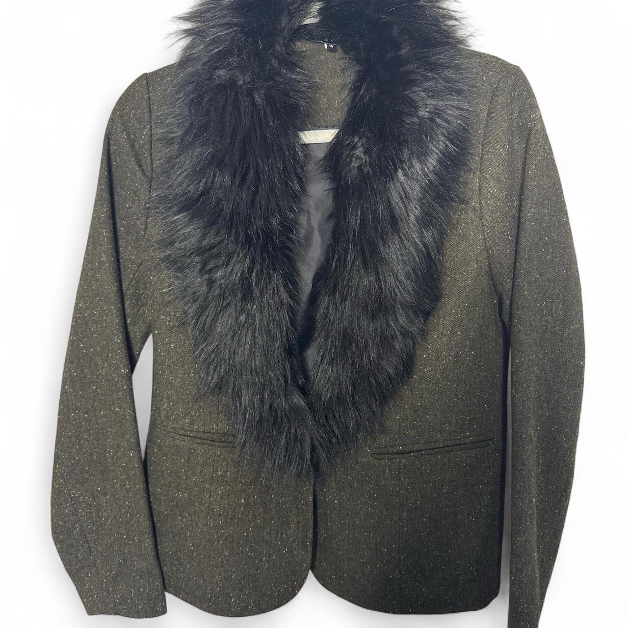 New Look Women’s Black Faux Fur Collar Flecked Tweed Blazer Jacket - Size UK 10
