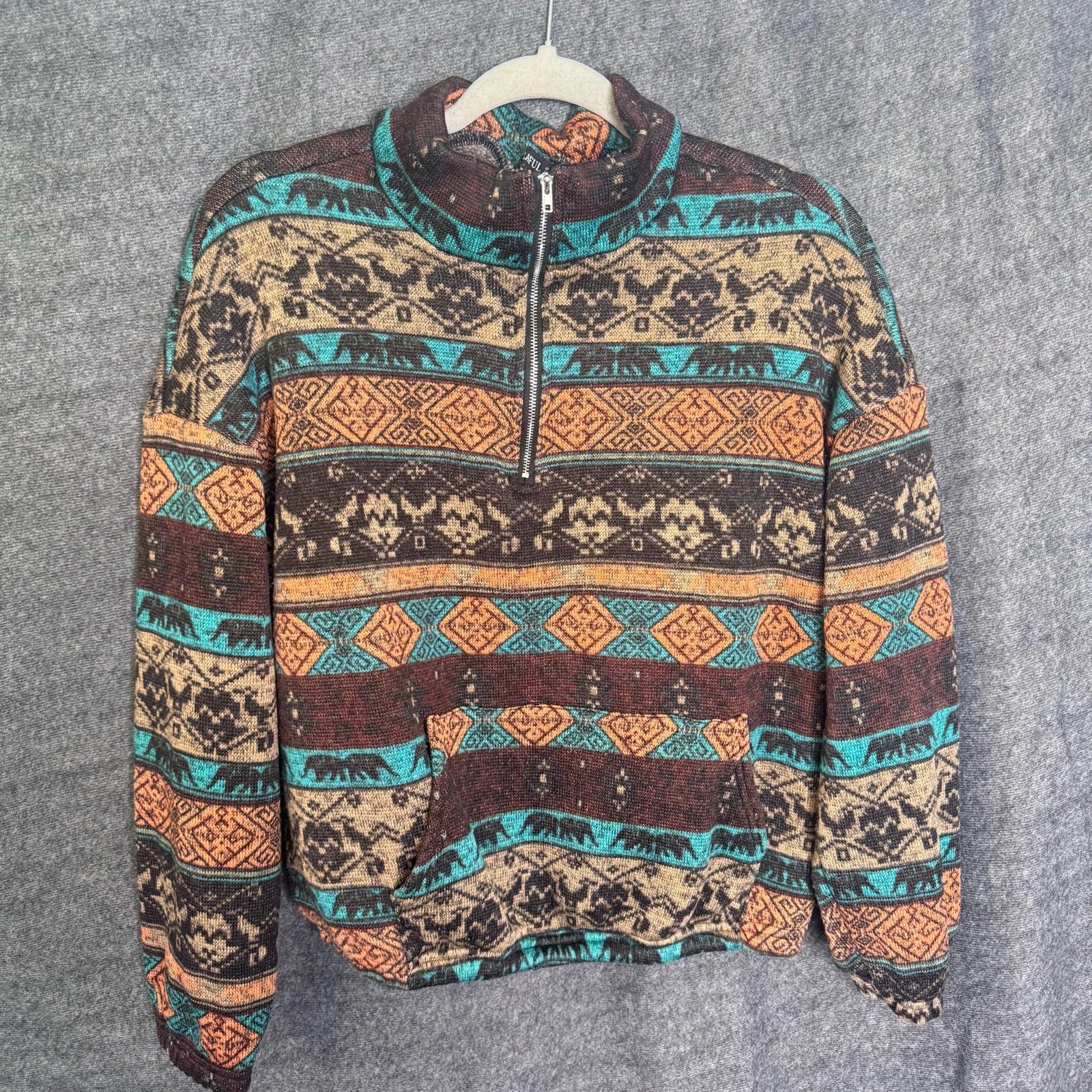 Zaful Tribal Elephant Pattern Half-Zip Fleece Pullover - Size S / UK 8 / EU 36