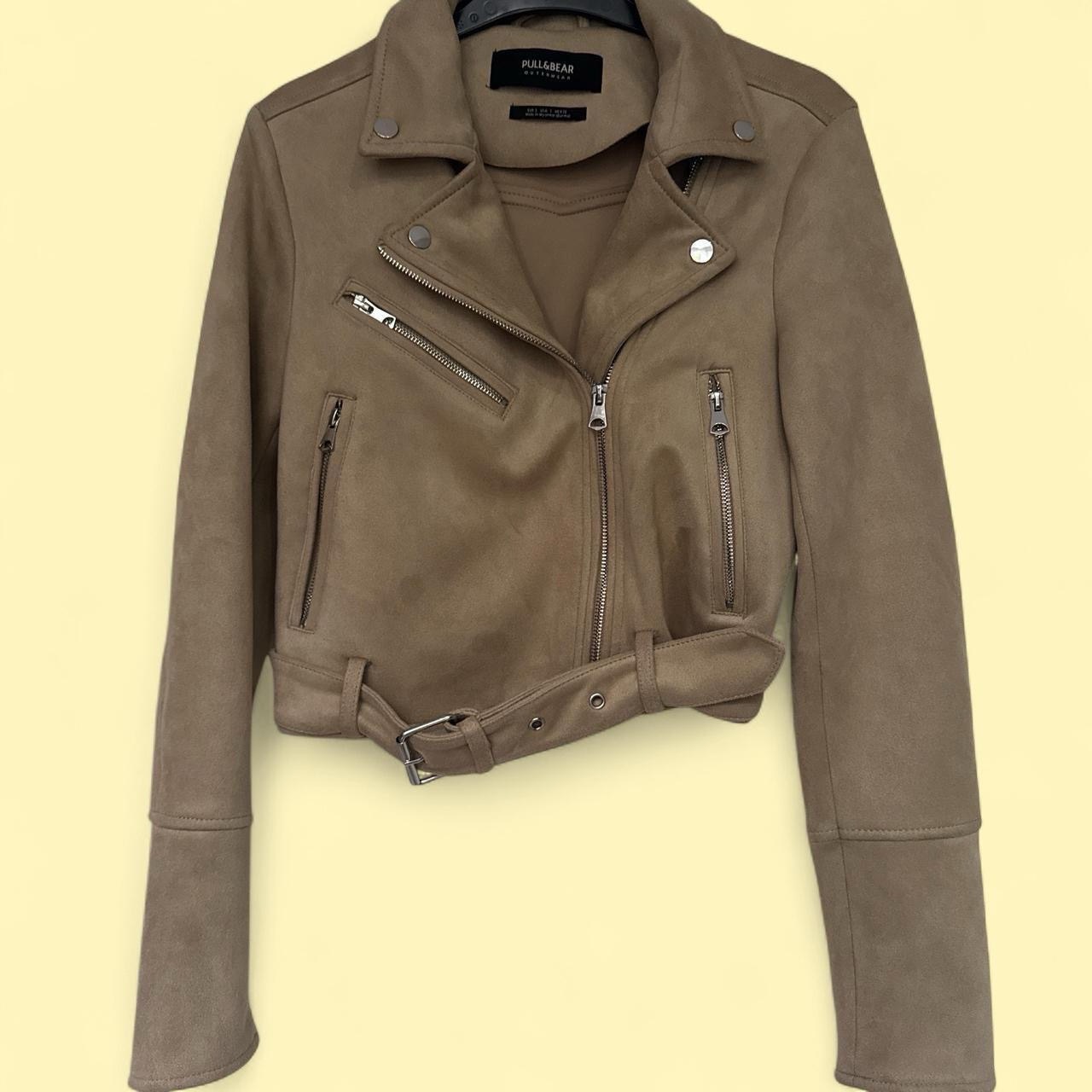 Pull&Bear Faux Suede Belted Biker Jacket in Taupe / Beige - Size S