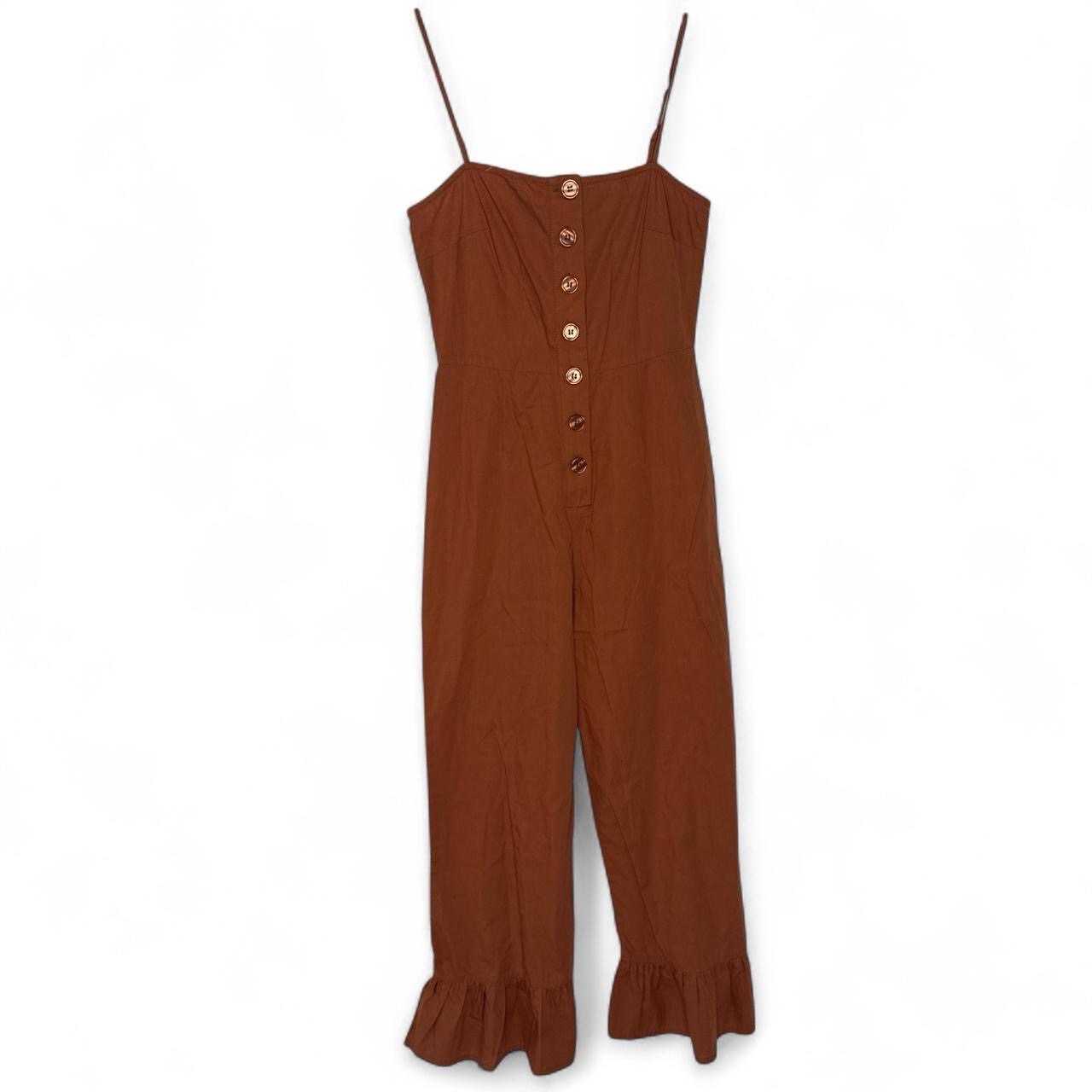 ASOS Button Front Strappy Frill Hem Jumpsuit in Rust Brown - Size UK 6 / US 2