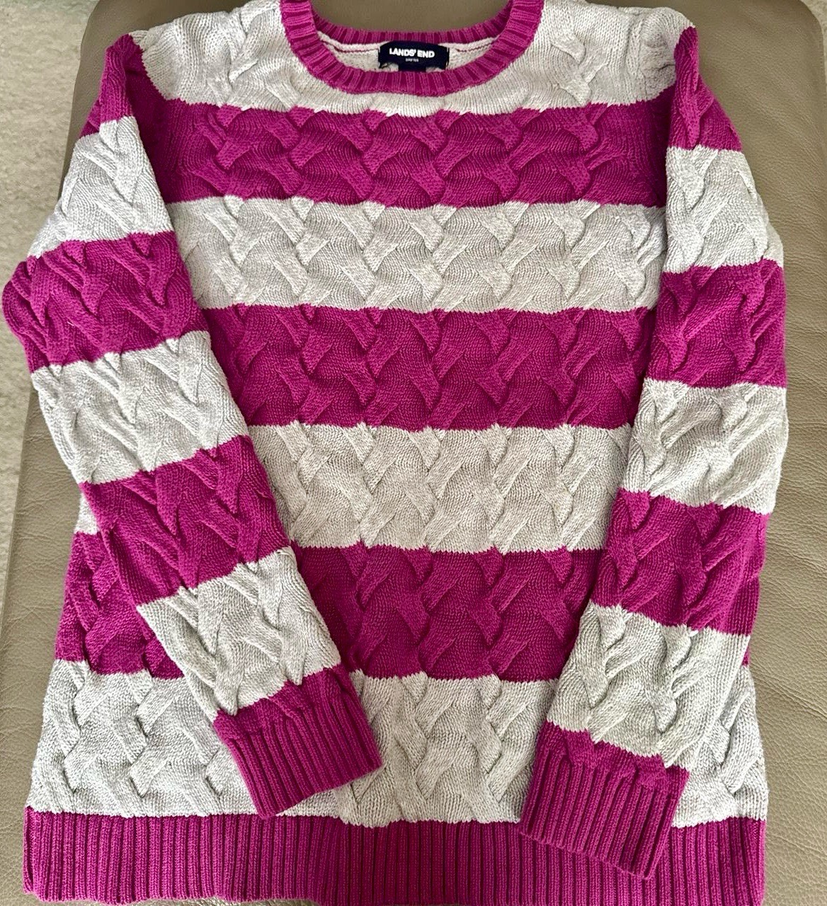 LANDS END Pink Grey Striped Cable Knit Jumper Sweater Size S Small