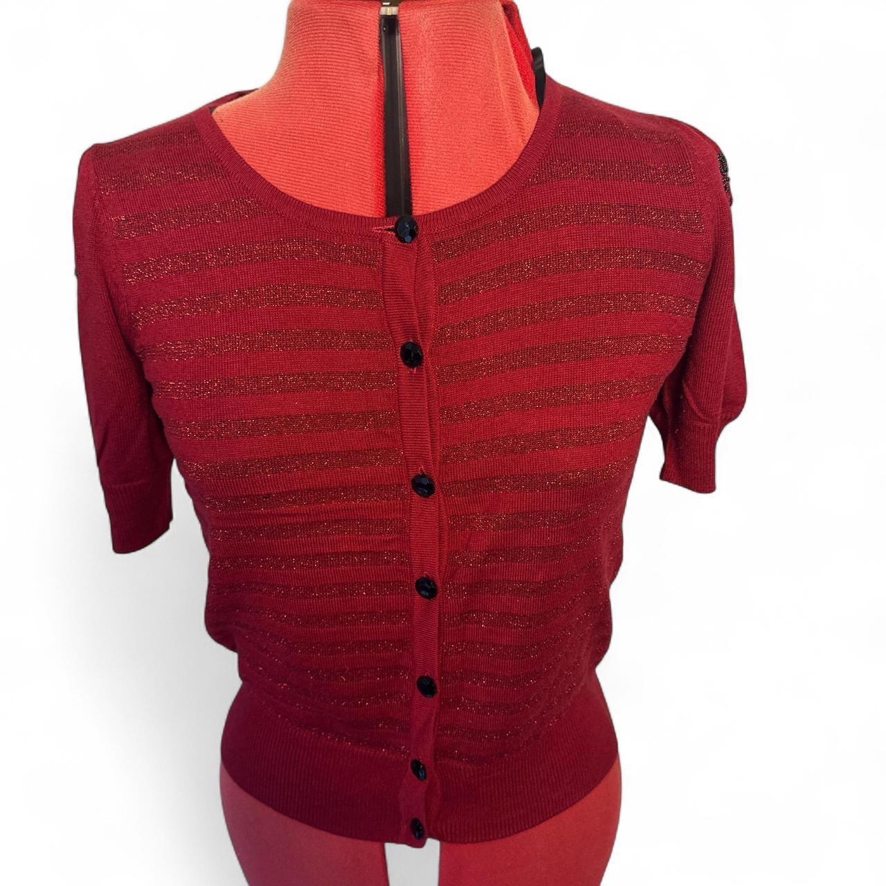Betty Jackson Black Red Metallic Striped Cardigan Beaded Sleeves 12