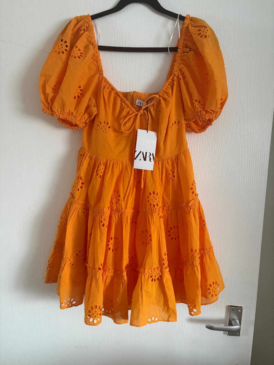 Zara orange tiered broderie mini tie up dress size xs