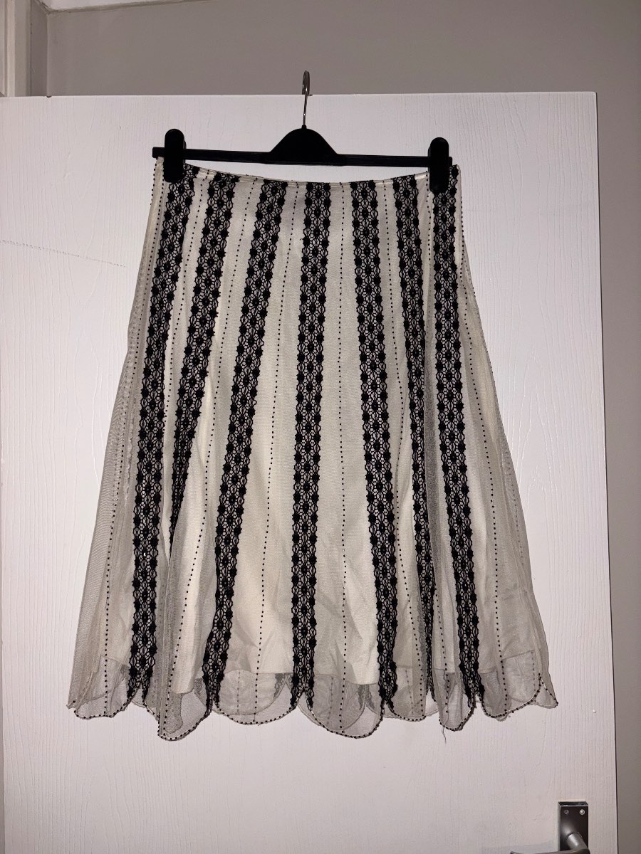 Coast White Midi Skirt with Black Lace Stripe Detail & Scalloped Hem - Size 12