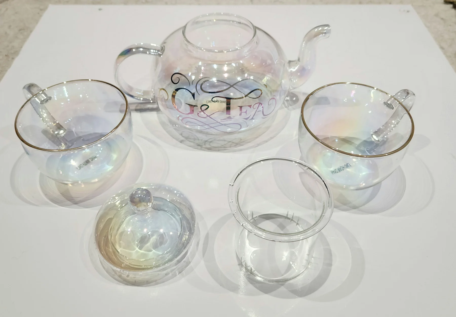 Iridescent Glass Tea Set – Teapot with Infuser & 2 Cups – Pearl / Rainbow Finish