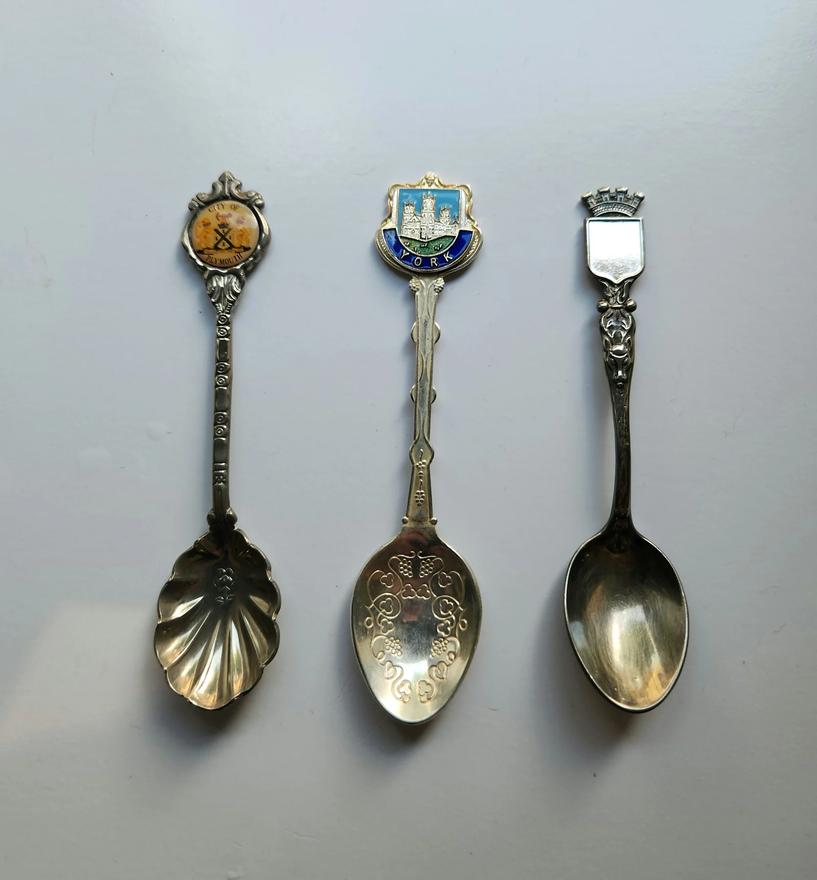 3 Vintage Silver Plated Souvenir Spoons – Plymouth, York & Stag – Cleaned