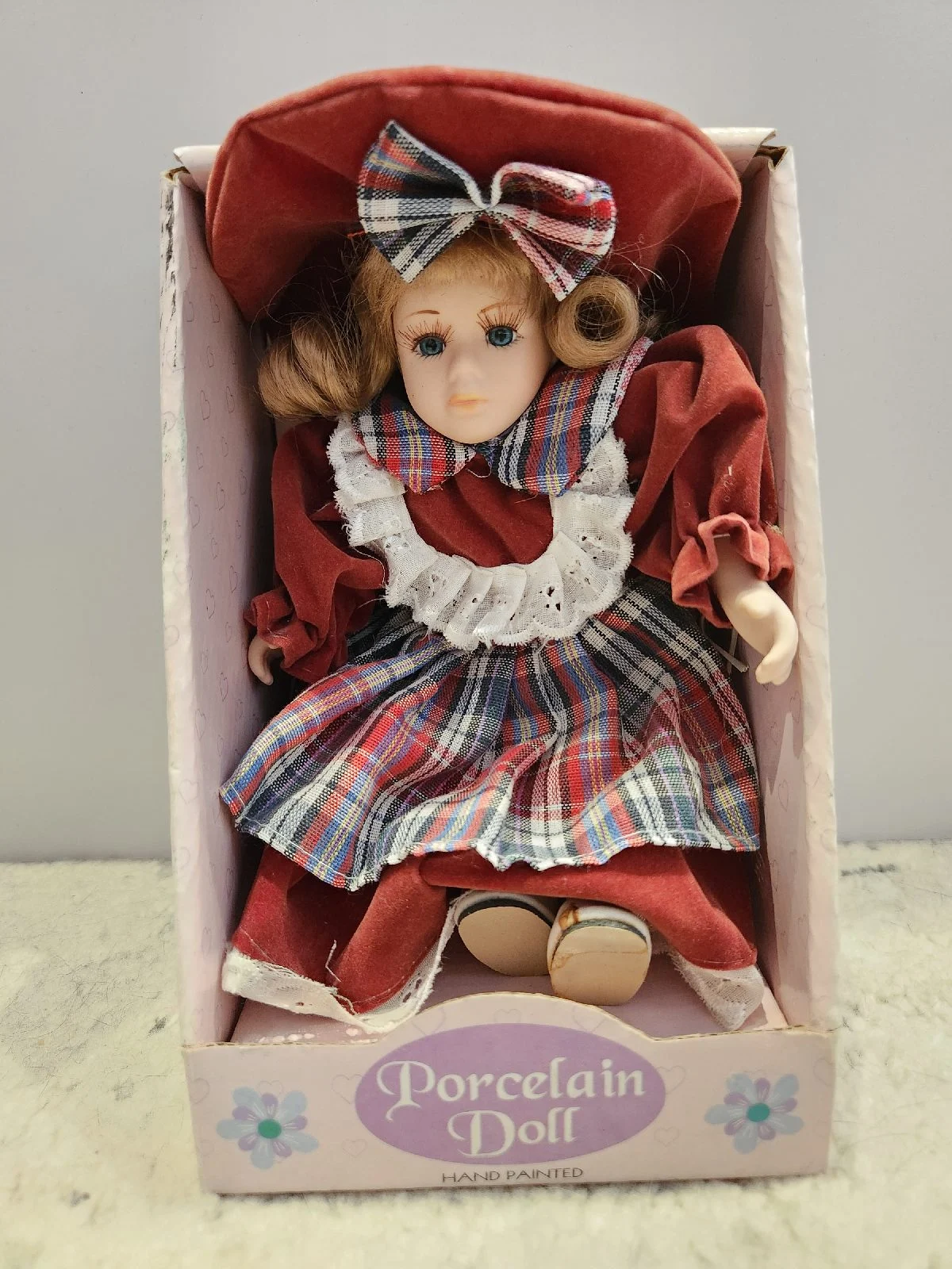 Vintage Porcelain Doll – Hand Painted – Traditional Tartan Outfit – Boxed Collectible