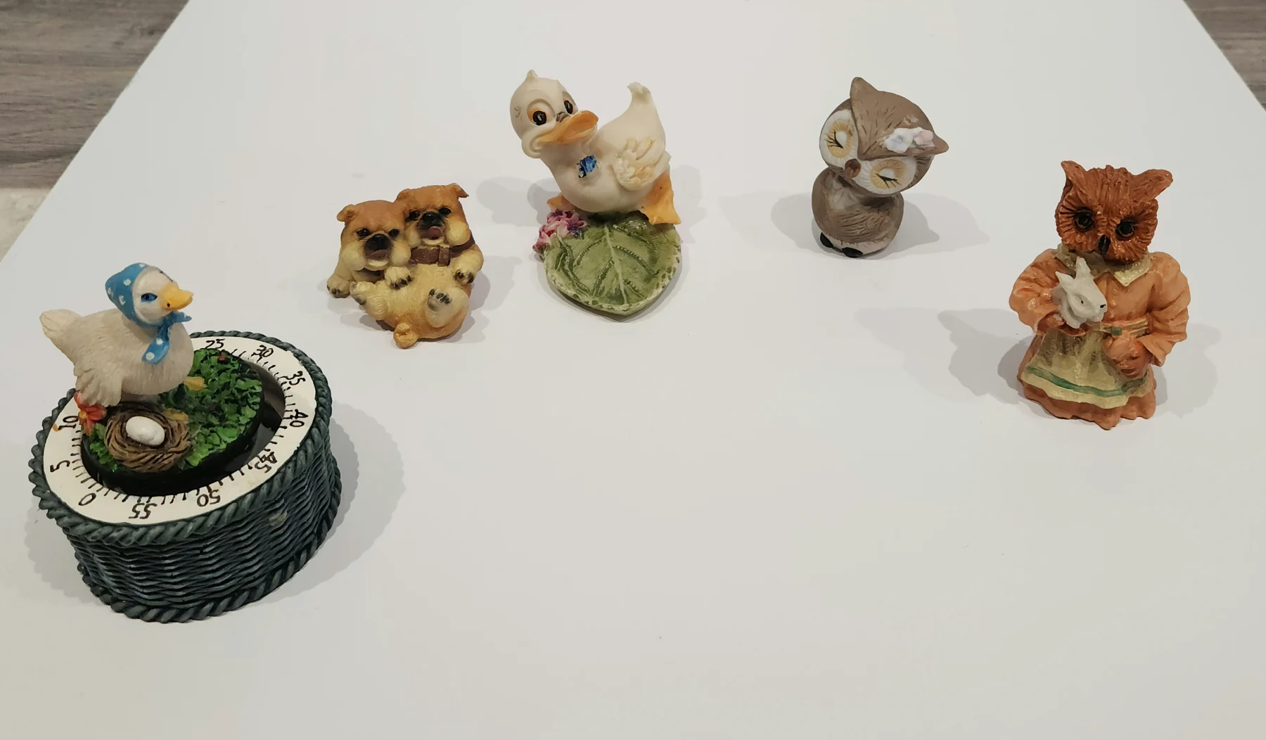 5 Vintage Collectable Figurines – Duck Timer, Bulldogs, Owls – Decorative Set