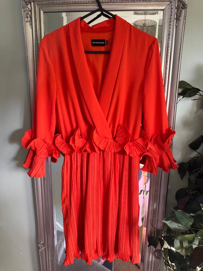 PrettyLittleThing Orange Frill Skater Dress Size Uk8 Brand New