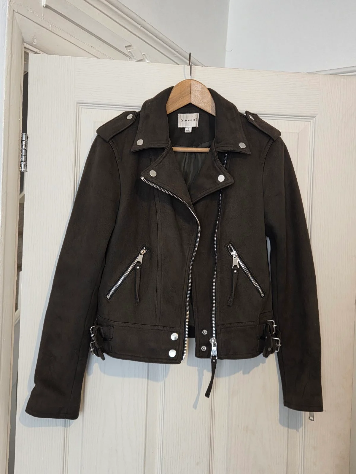 Warehouse Dark Green Faux-Suede Biker Jacket — UK 6 — Pristine Condition