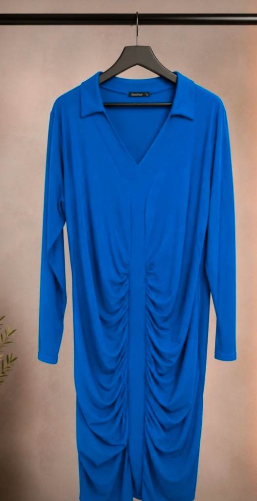 Womens Boohoo Ribbed Ruched Collared Long Sleeve Bodycon Midi Dress Plus Size 28
