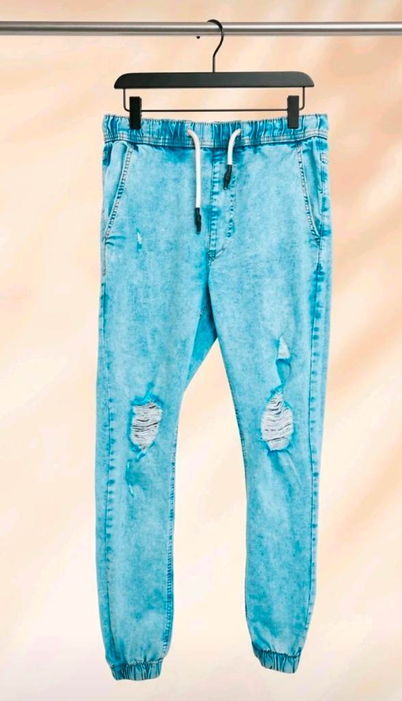 Mens Distressed Denim Cuffed Joggers Size XS