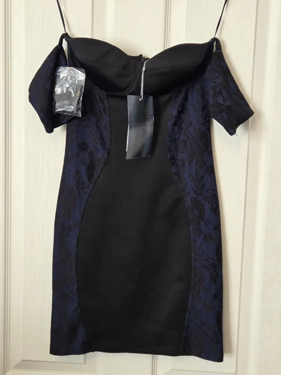 Bershka Black & Navy Lace Off-Shoulder Bodycon Dress | Size M / UK 8–10 | BNWT
