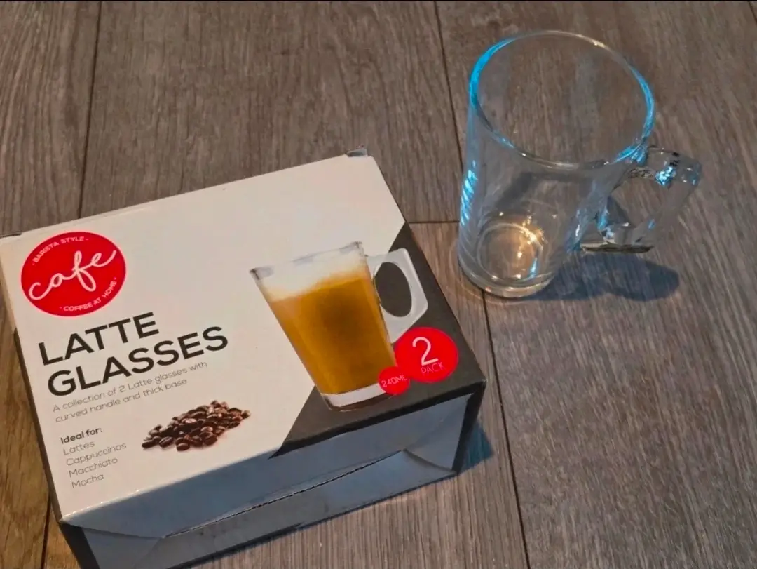 New 2 x Latte Glasses with Curved Handle and Thick Base