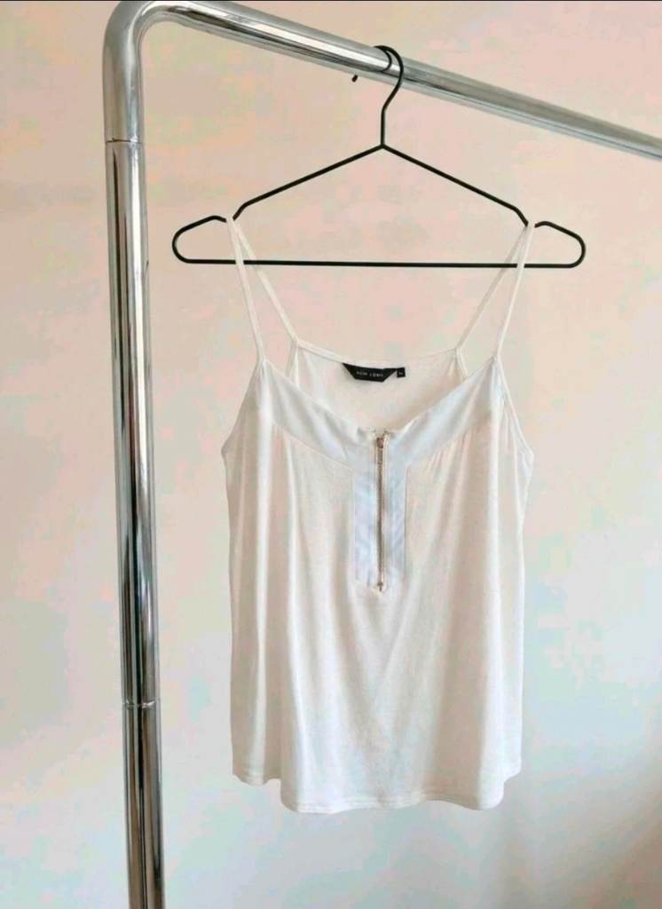 Womens New Look Chiffon Panel Zip vest cami top size 14 white