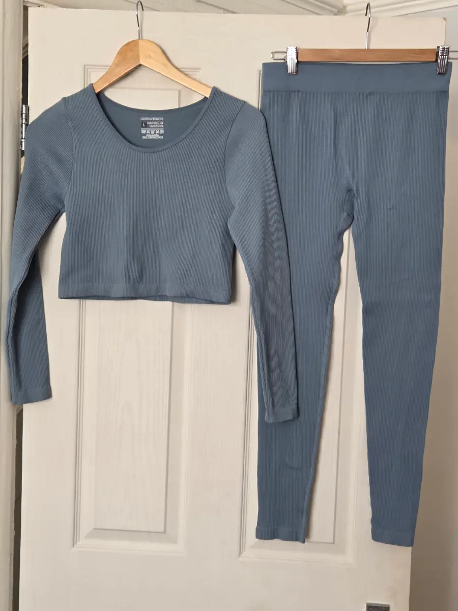 Womens PrettyLittleThing Shape Ribbed Crop Top & Leggings Matching Set Co-ord Size 16-18  L/ XL Blue
