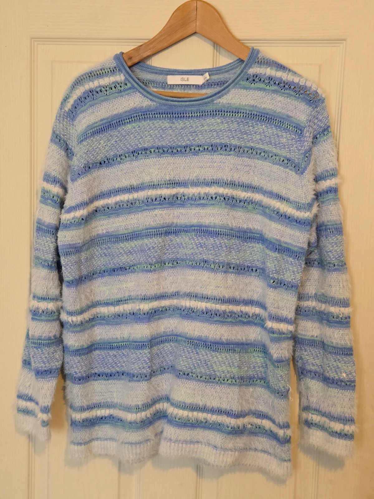 Isle (Edinburgh Woollen Mill) Blue & White Striped Fluffy Knit Jumper Size UK 18–20