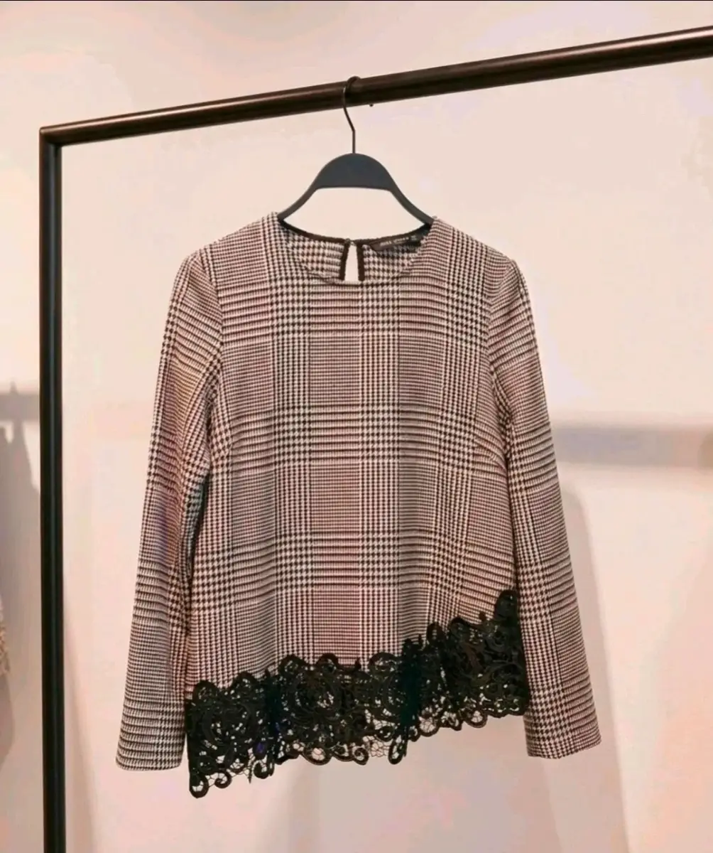 Womens Stunning Zara Asymmetrical crochet hem Houndstooth top size 10-12