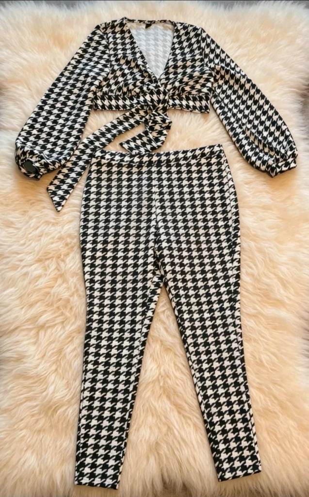 Womens Houndstooth Tie Front Co-ord Matching Set Top & Leggings size 16