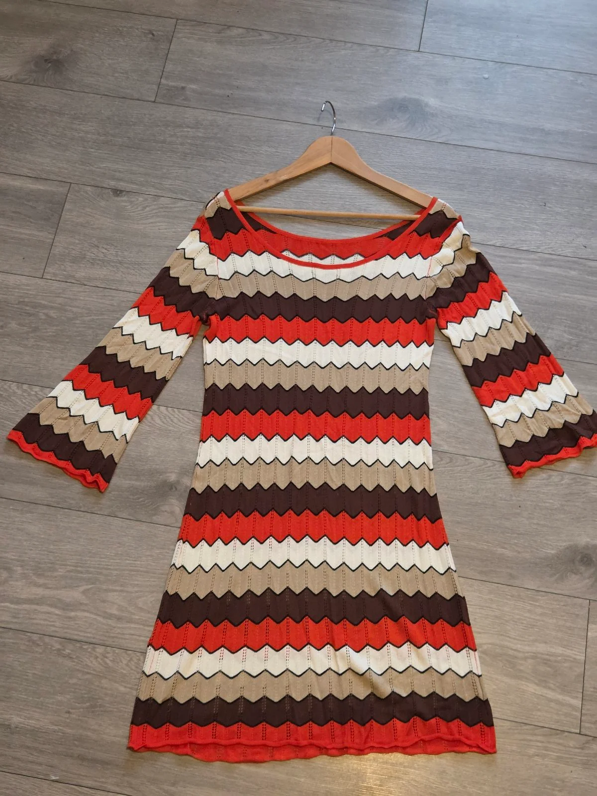 New — Red & Brown Chevron Knit Mini Dress — UK 12