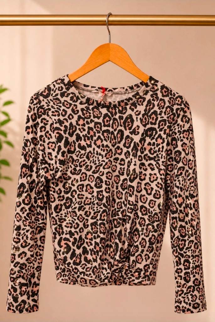 Girls Glitter leopard print twist front top Age 12