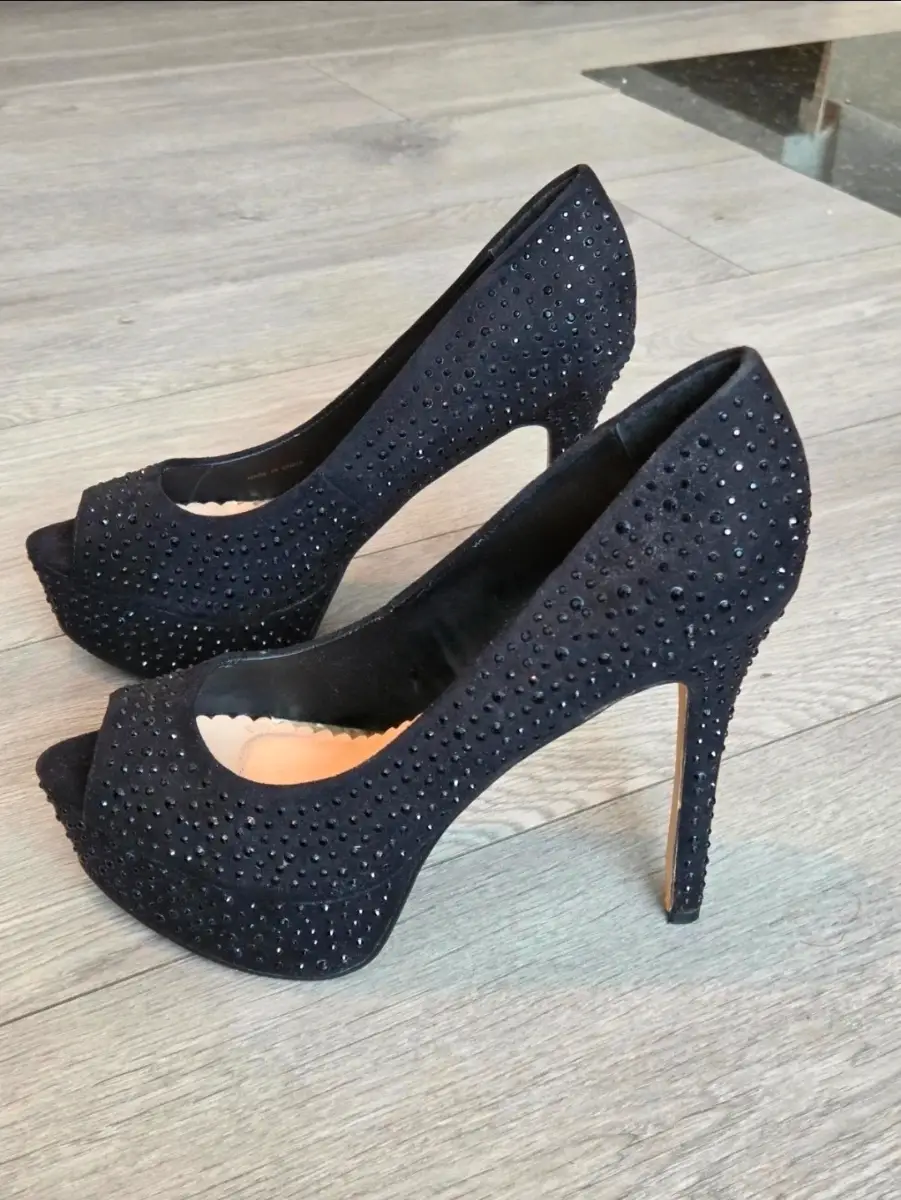 Dune Head Over Heels Black Embellished Platform Heels – Size UK 6 (EU 39) – Peep Toe