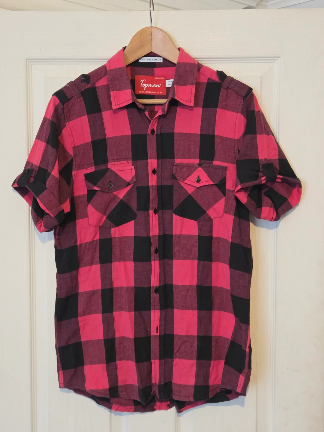 Topman Pink & Black Check Short-Sleeve Shirt — Size M — 100% Cotton