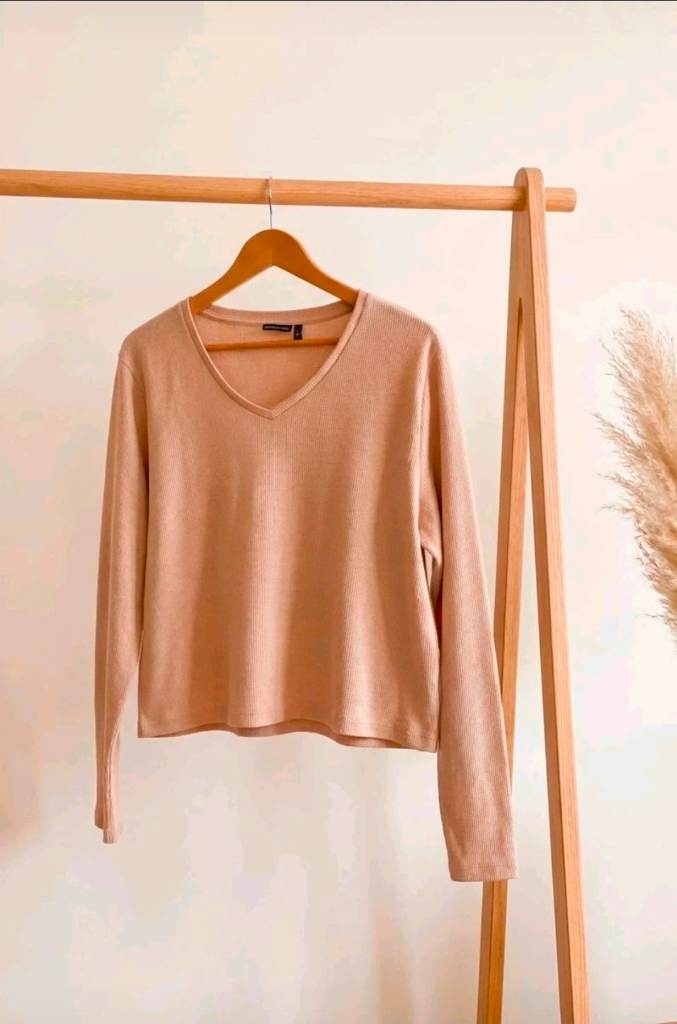 New Womens Asos Design Curve Waffle Textured Long Sleeve Top Plus Size 26-28 Beige