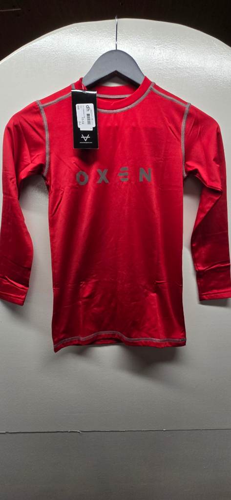 Oxen Youth Baselayer Top – Red Long Sleeve Compression Shirt (Size L, Age 11–12)