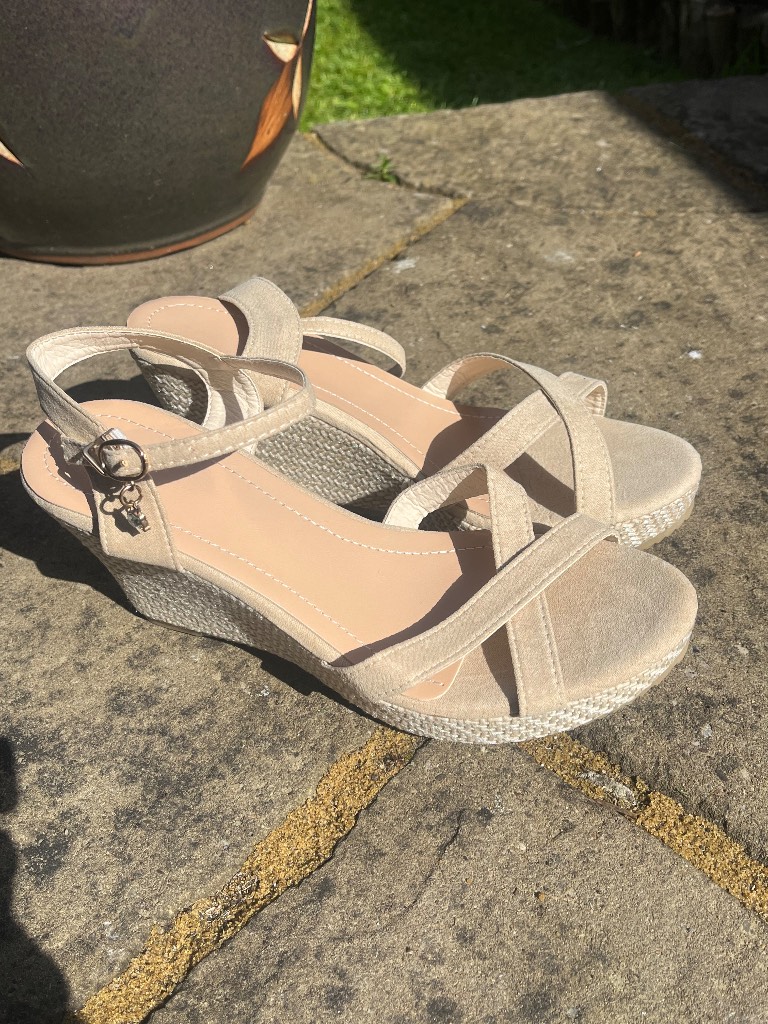 Ladies Beige Wedge Heel Sandals - Size 5