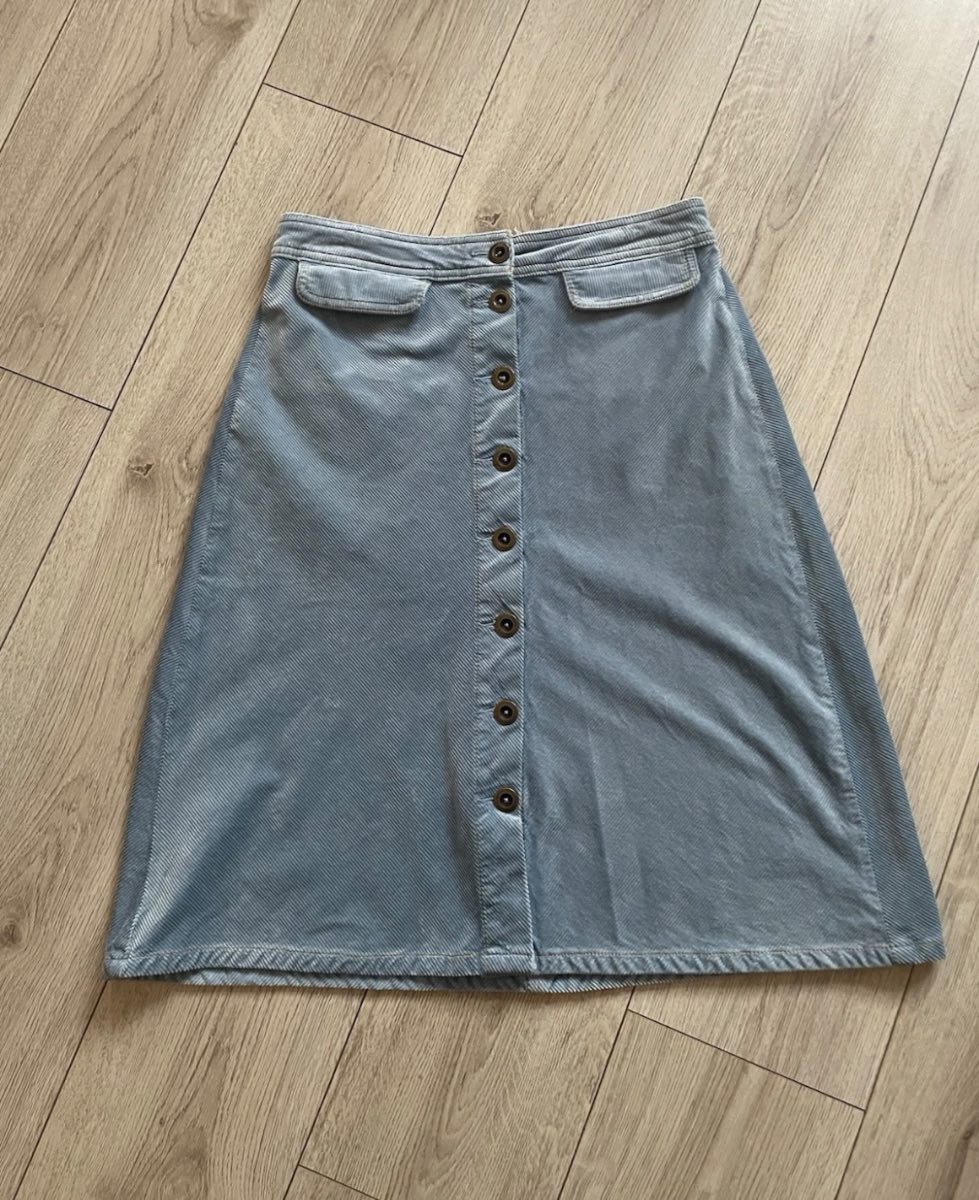 Anthropologie Blue Corduroy Midi Skirt Button Front Pockets A-Line Casual 10