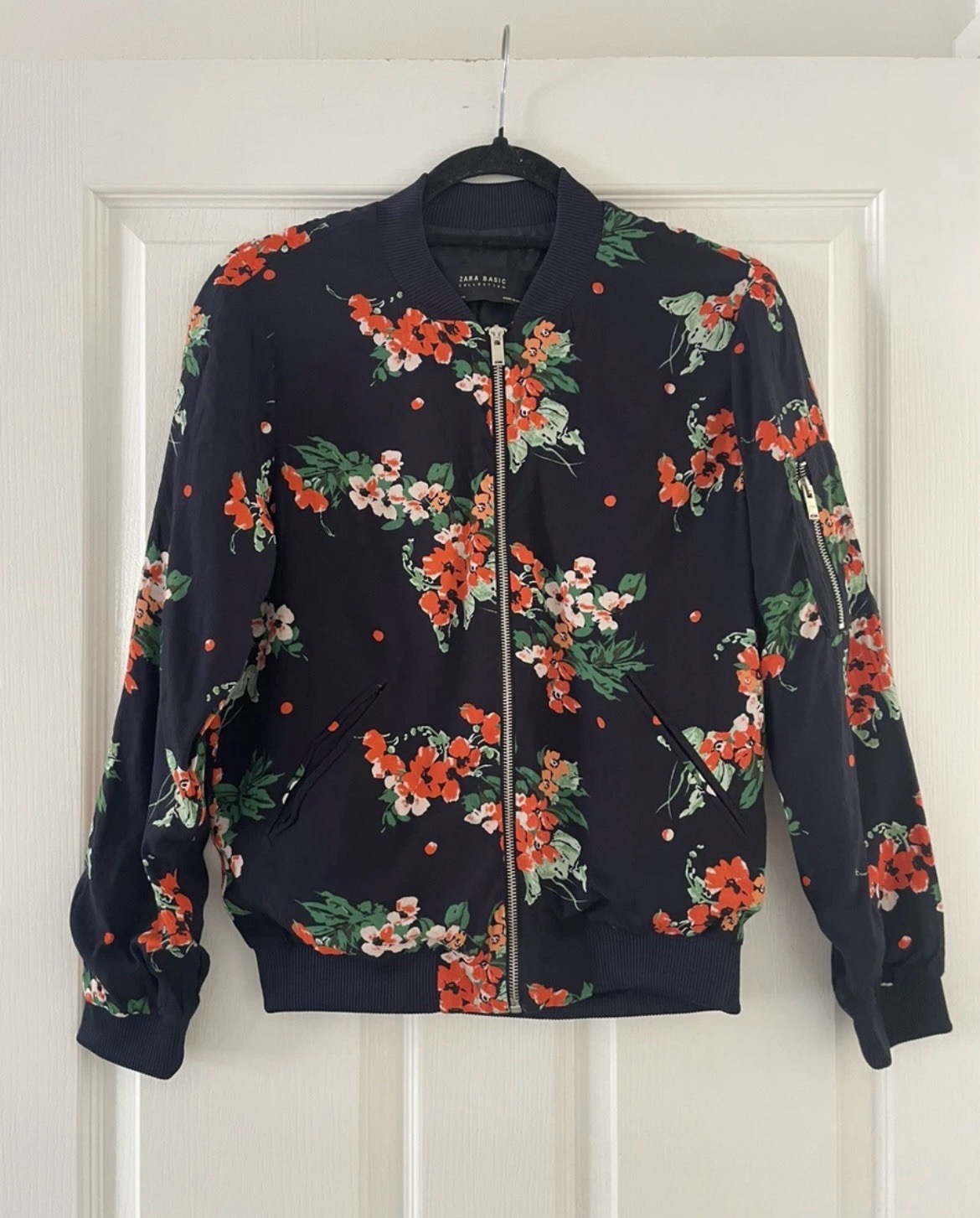 Zara navy blue red Floral Bomber Jacket Chiffon Lightweight Zip Up coat Small