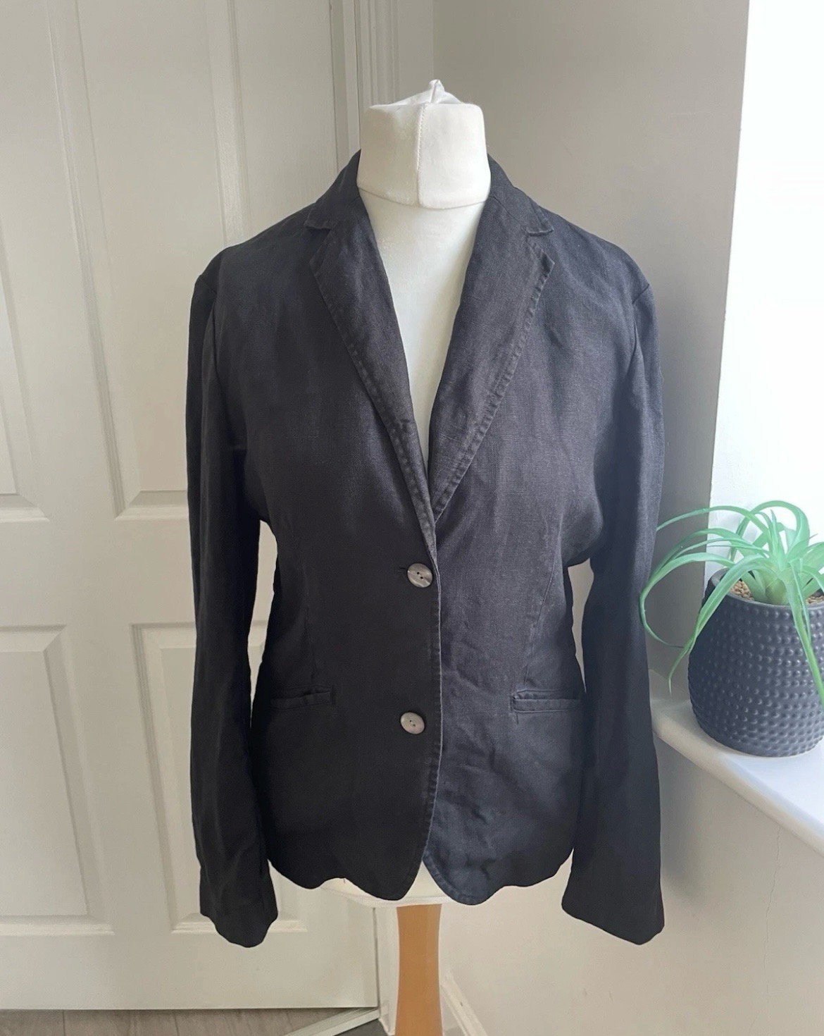Lands End Black 100% Linen Long Sleeve Blazer Casual Evening Jacket Size 10