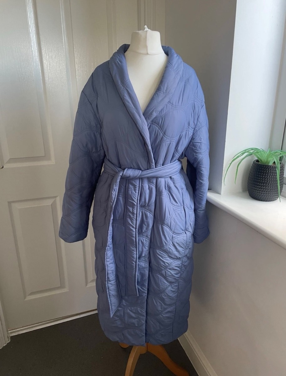 Per Una Ladies Blue Long Collarless Quilted Lightly Padded Coat Jacket Size 12