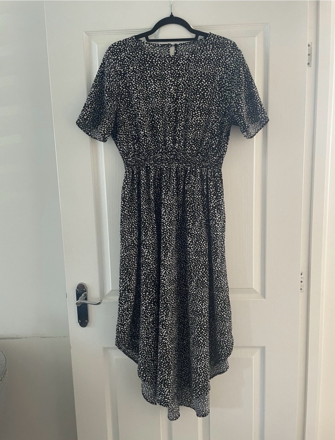 Shein G Black White Polka Dot Short Sleeve Dip Hem Elastic Waist Dress Size XL