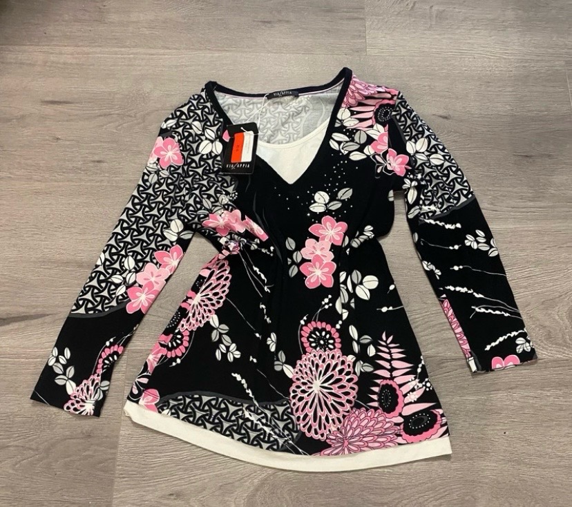 Womens Via Appia Black/Pink 3/4 Sleeve Top