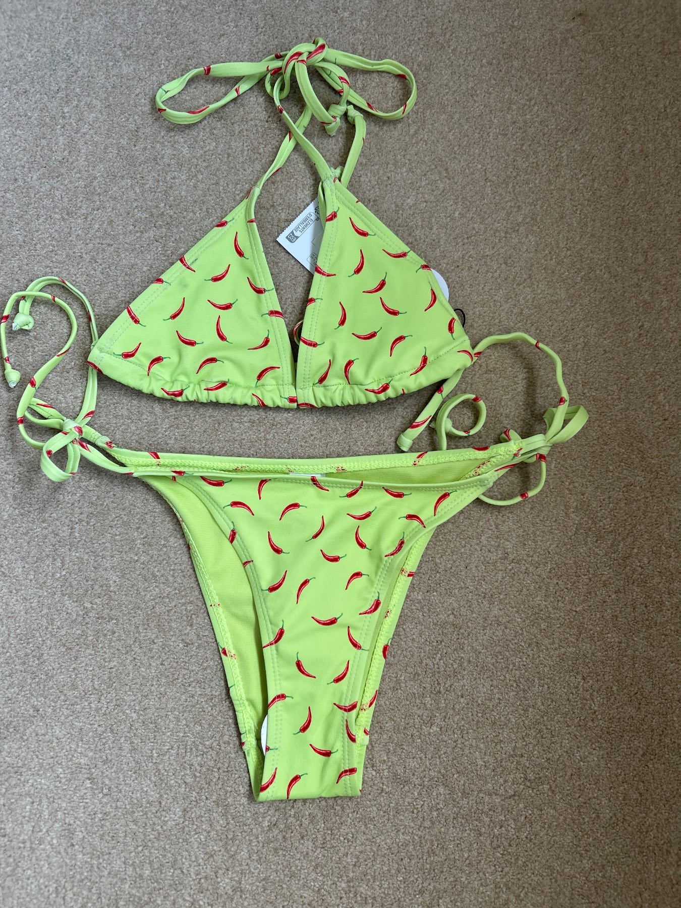 Red chillie pepper triangle bikini and side tie bikini bottoms