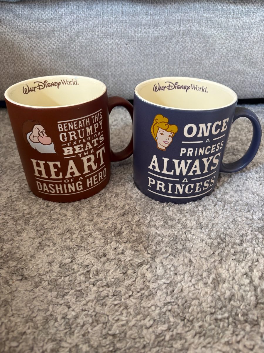 Walt Disney world parks big coffee mugs Cinderella and grumpy
