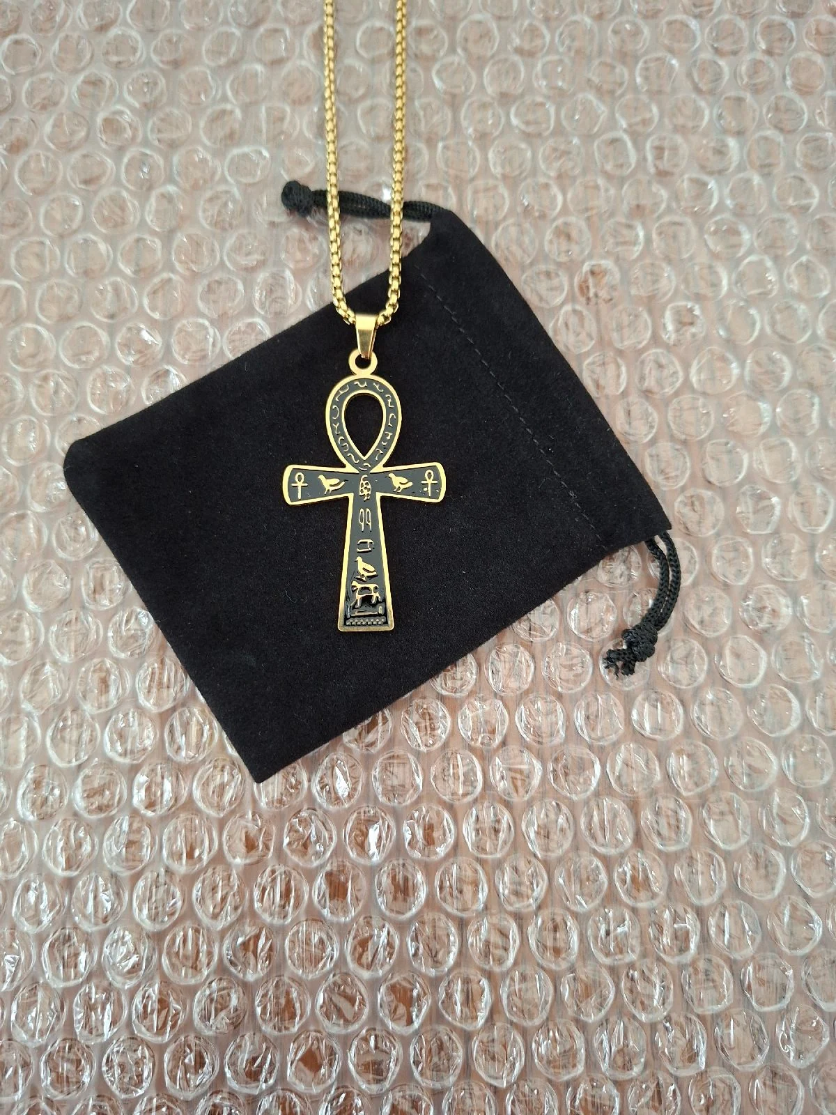 Egyptian Cross Ankh Hieroglyph Black And Gold Necklace