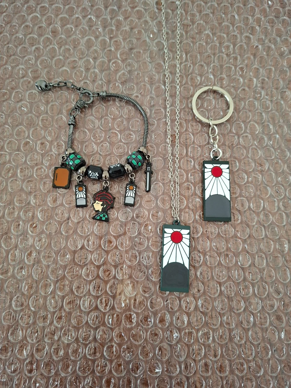 Demon Slayer Anime Manga Tanjiro Kamado Bracelet, Necklace And Keyring Bundle