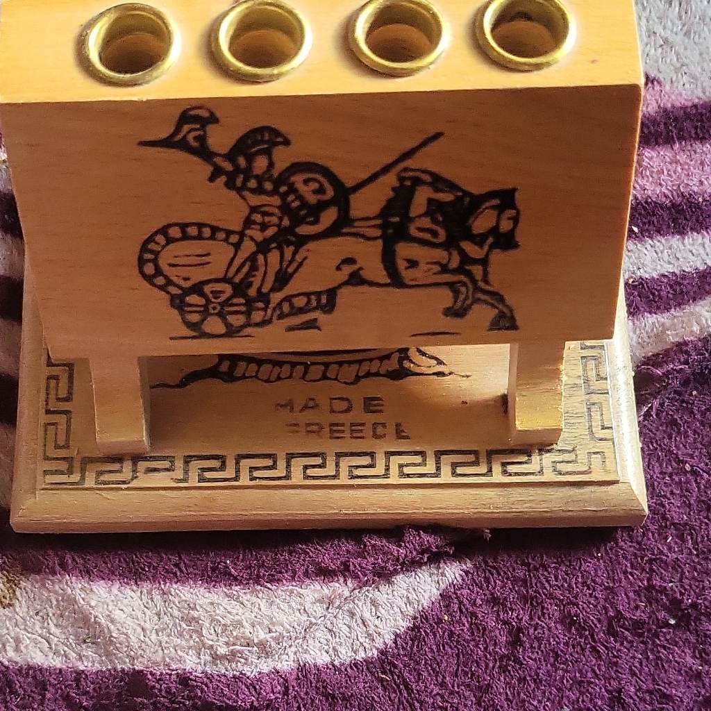 Vintage greek souvenir wooden pen holder