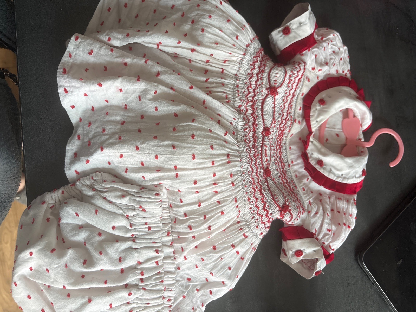 Red and white Swiss dot detail smock dress