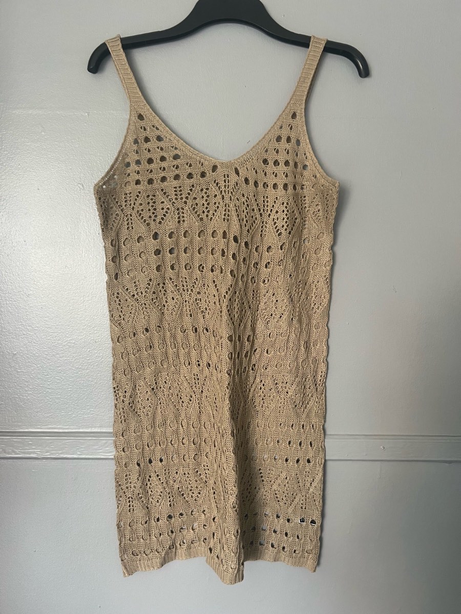 SHEIN Beige Crochet Knit Beach Cover Up Dress Size L (UK 8–10)