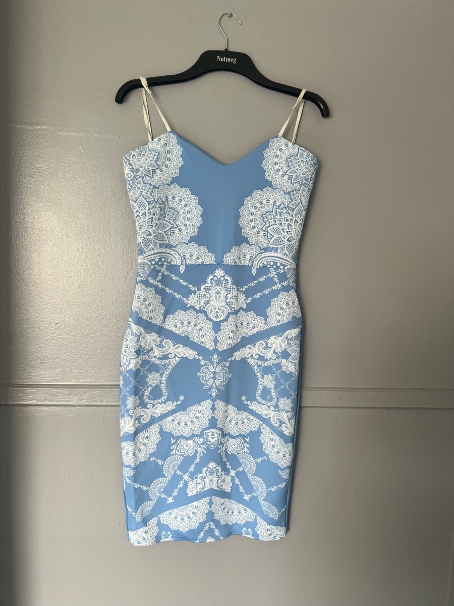 Women’s Blue & White Lace Print Bodycon Dress Size 14