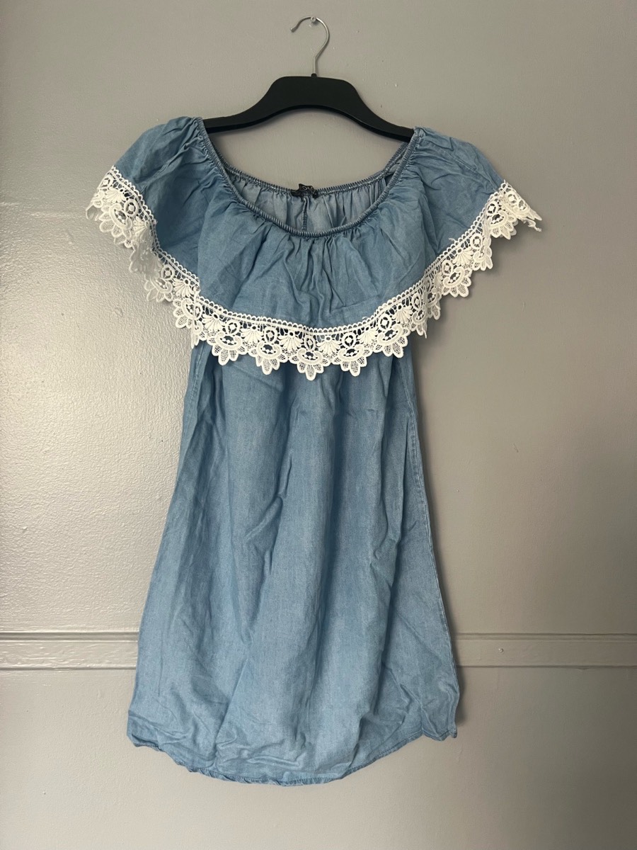 Quiz Chambray Bardot Lace Trim Mini Dress Size M