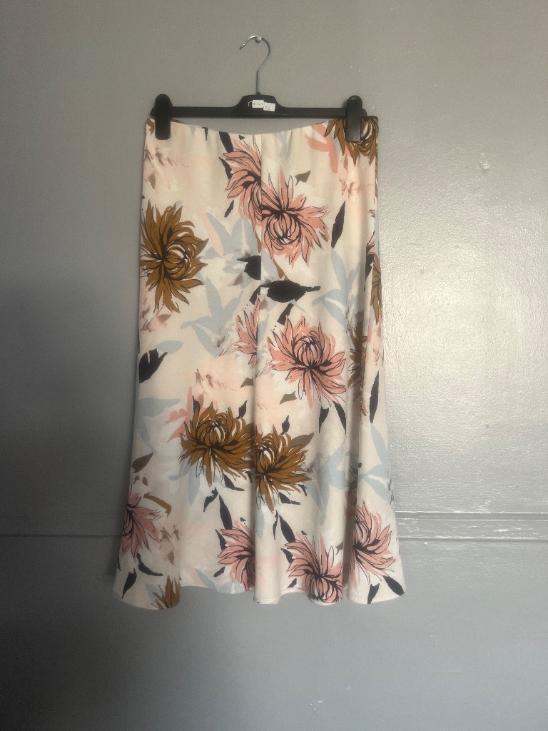 M&S Floral A-Line Midi Skirt – UK 12 – Beige Pink & Brown Print