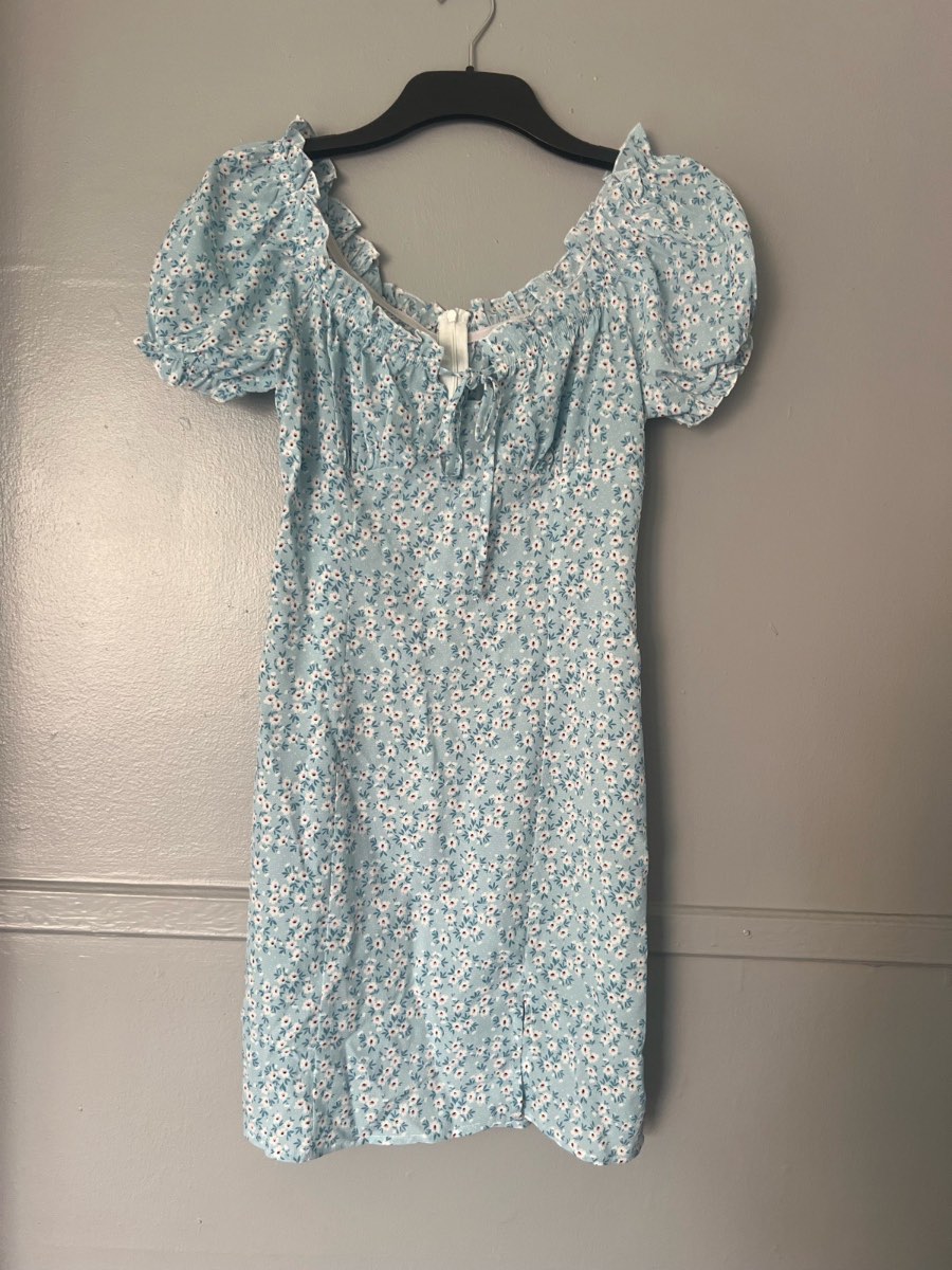 SHEIN Blue Floral Puff Sleeve Mini Dress Size L UK 12