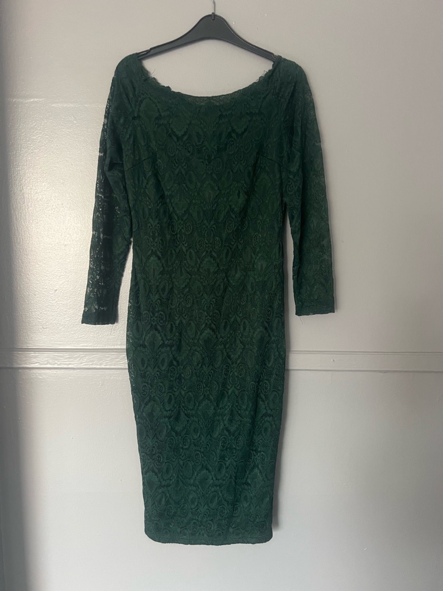 AX Paris Dark Green Lace Bodycon Midi Dress Size 12 Evening Party Occasion