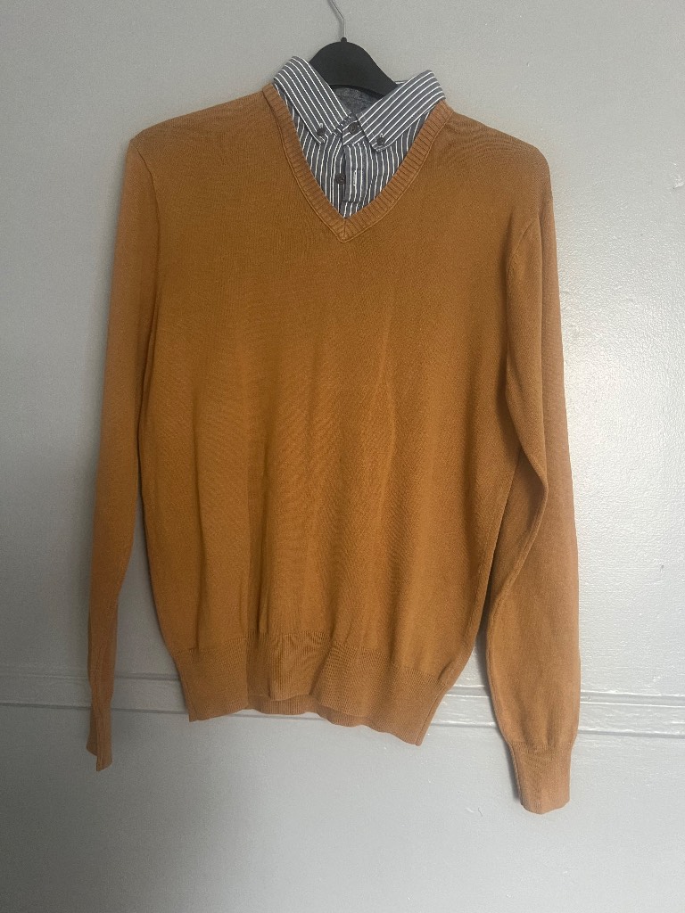 Next Mustard V-Neck Jumper & Striped Shirt Layered Look Size M
